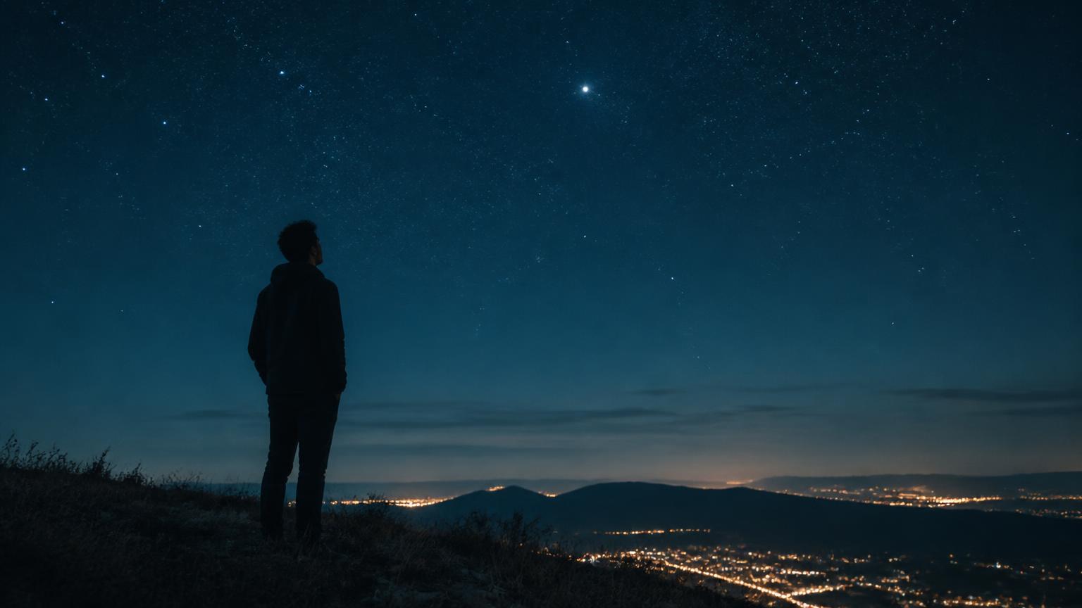 A young man on a hillside at night looking up at a single bright star