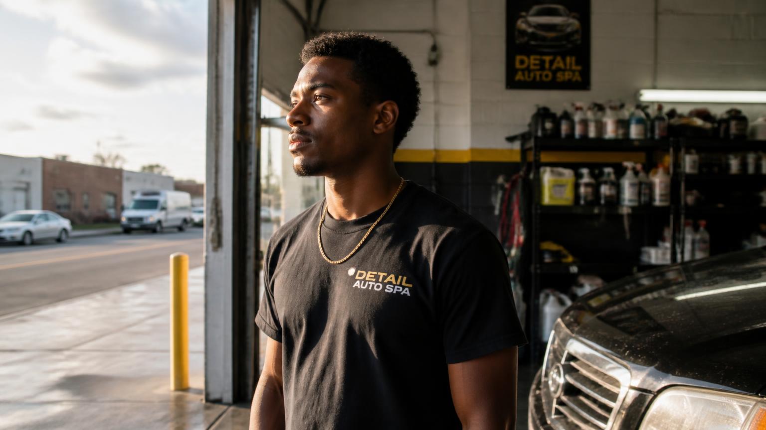 A young Black man in an auto detailing workshop looking toward the horizon with ambition