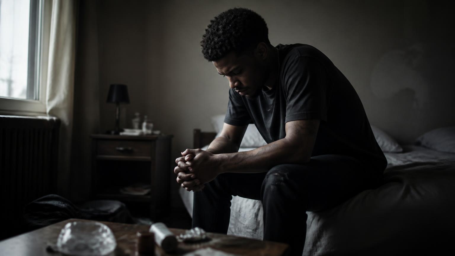 A young Black man sitting alone in a dim room, struggling with uncertainty