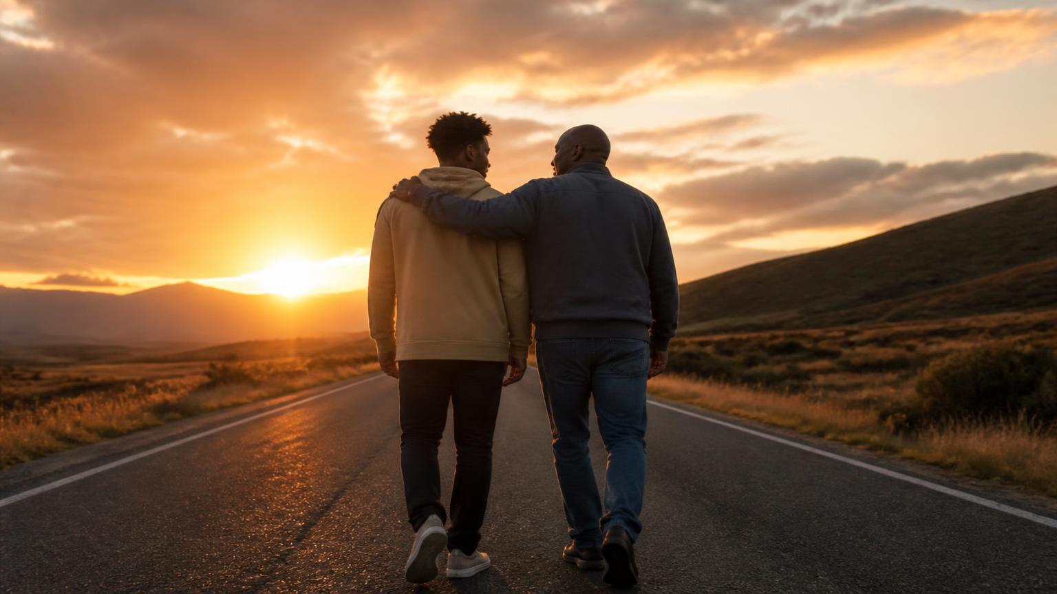 A Black father and young adult son walking together at sunrise